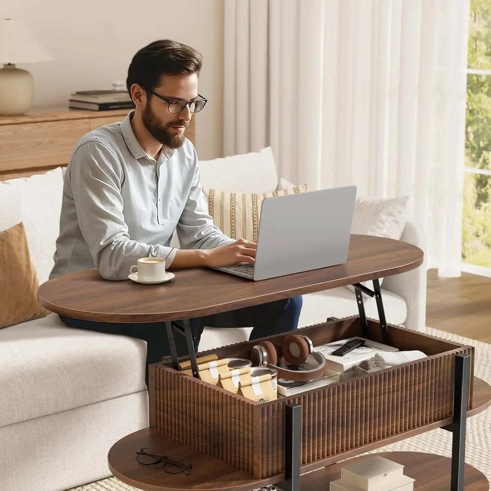Modern Oval Coffee Table with Fluted Wood Center and 3-Tier Storage, Curved Edge Design