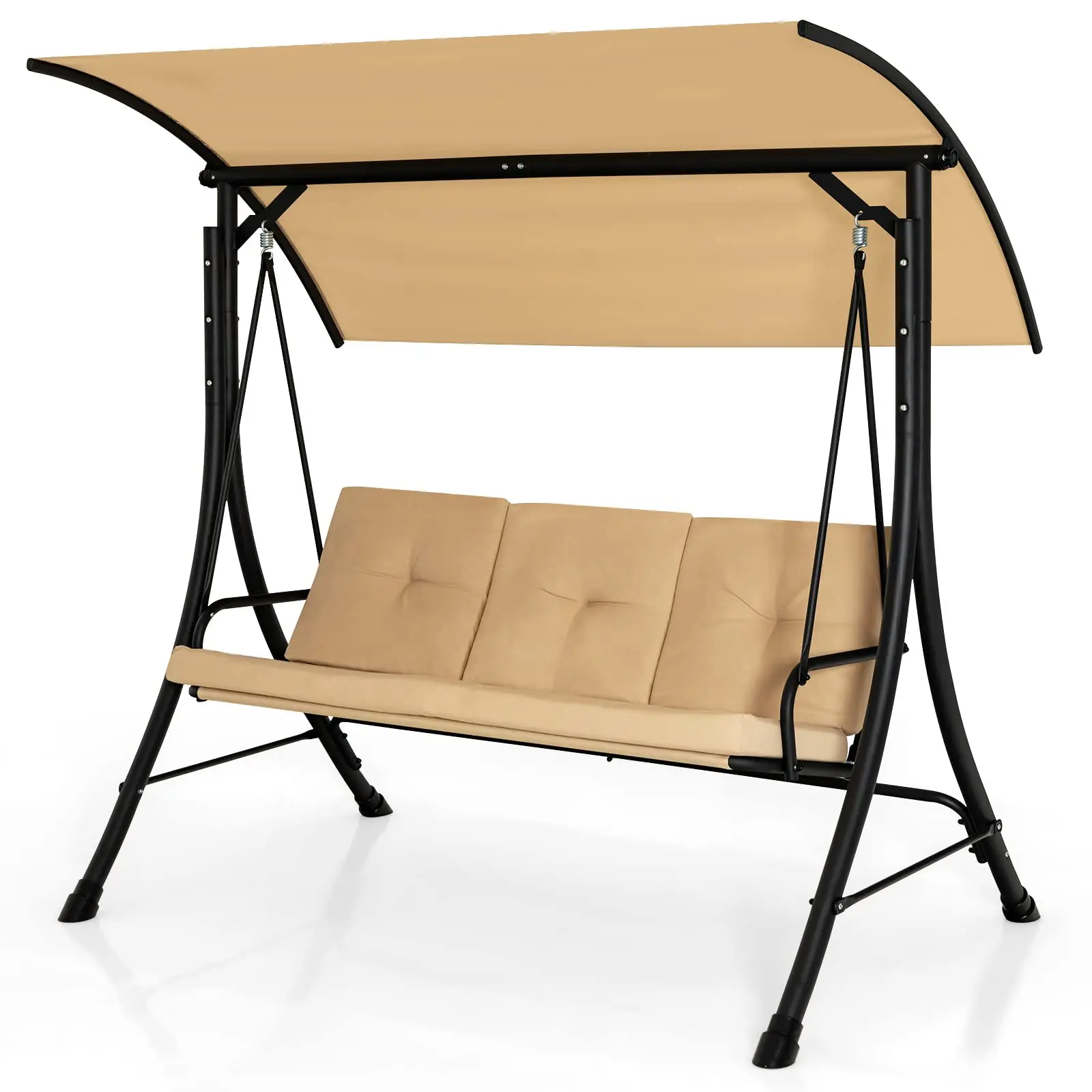 3 Person Porch Swing with Cushions & Canopy, Beige | Removable Cushions, Solid Steel Structure, Adjustable Canopy