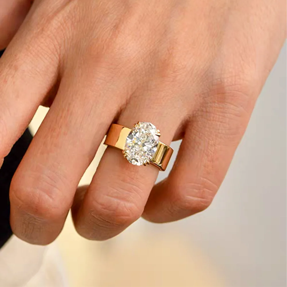 COSYA 4.5CT 8*12mm Oval Cut Moissanite Solitaire Ring For Women 100% S925 Silver Plated 14K Gold Wide Wedding Band Fine Jewelry