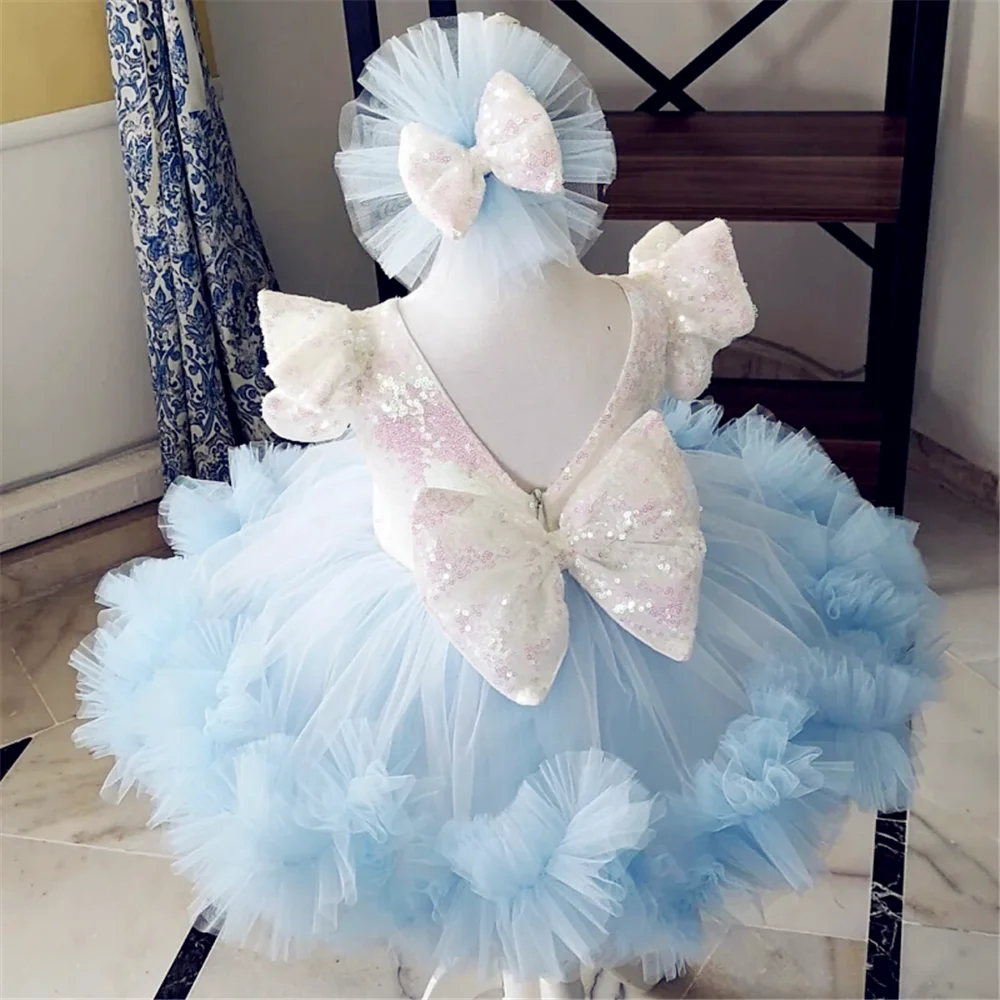 Blue Angel Flower Girl Dresses Tulle Sequin Bow Short Sleeve For Wedding Kids Birthday Gift Party Princess First Communion Gown