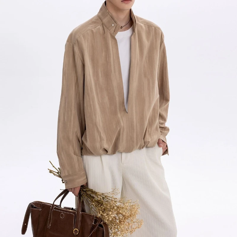 Spring Long-sleeved Stand-up Collar Shirt Men's Loose Fashion 2026 New Casual Fake Two-piece Men's High-end Shirt