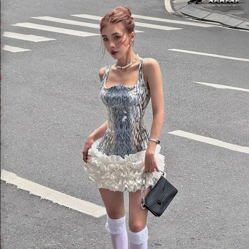 Streetwear Hottie Mini-Kleid Damen Figurbetont Ärmellos Y2K Harajuku Tortenkleid Weiblich Sexy Pailletten Lässig Vintage Faltenkleid