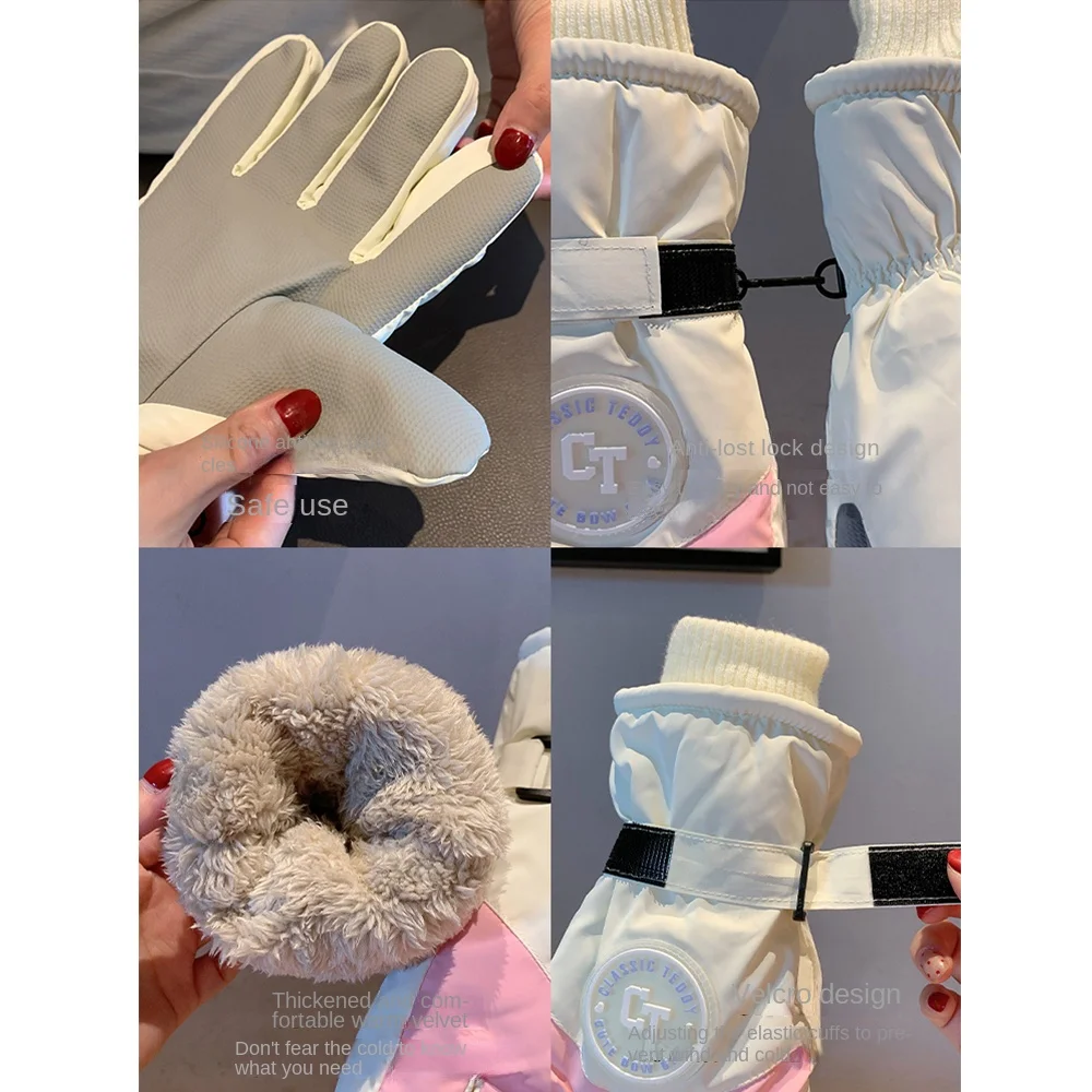 น่ารักถุงมือขี่หนา กันลื่น ถุงมือเต็มนิ้วกันลม ถุงมือสกี ถุงมือหน้าจอสัมผัสป้องกันความเย็นกลางแจ้ง