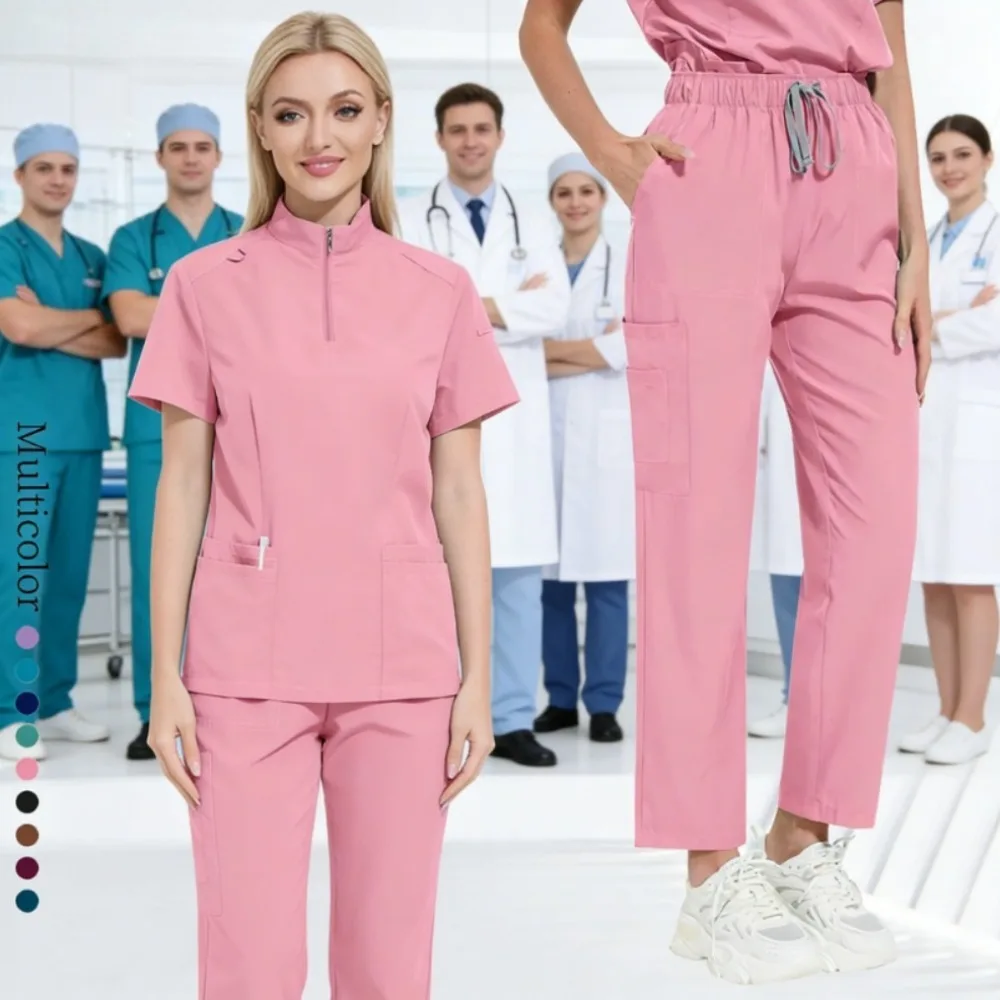 Stretch Knit Zip-Front Scrub Suit Functional  Uniform for Women in Healthcare & Veterinary Practice