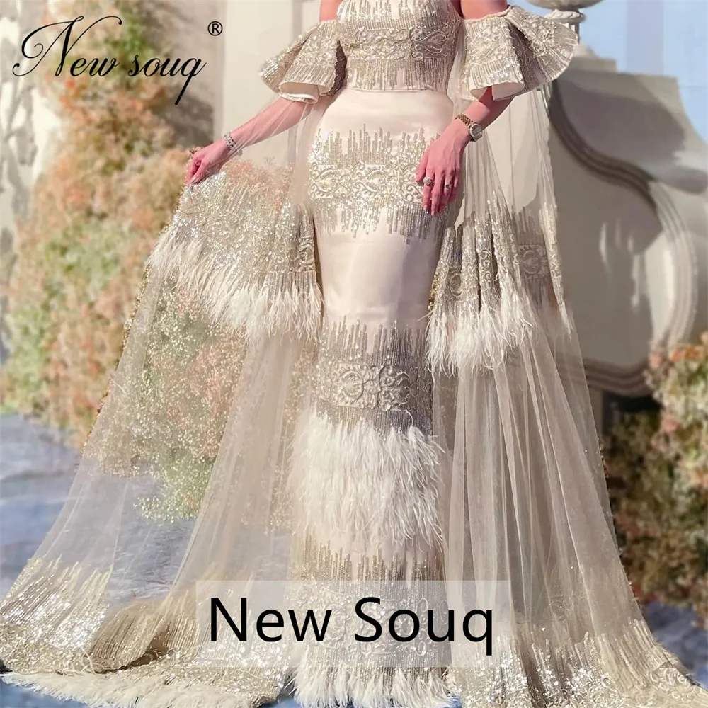 

Saudi Arabia Mermaid Long Sequins Evening Dresses With Cape Sleeves Luxurious Dubai Feathers Wedding Party Dress Prom Dress 2023