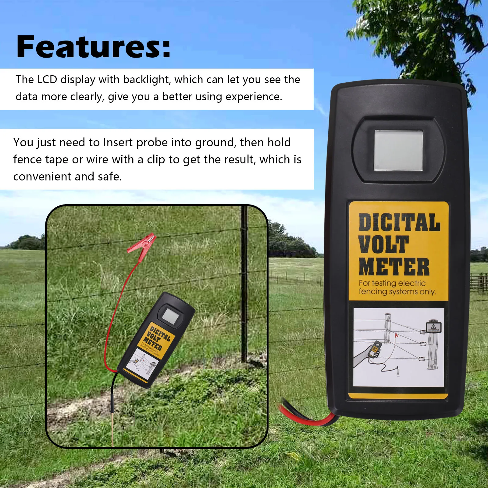 9.9KV Digital Fence Tester Home Garden Horse Livestock Electric Fence Voltmeter LCD Display with Backlight