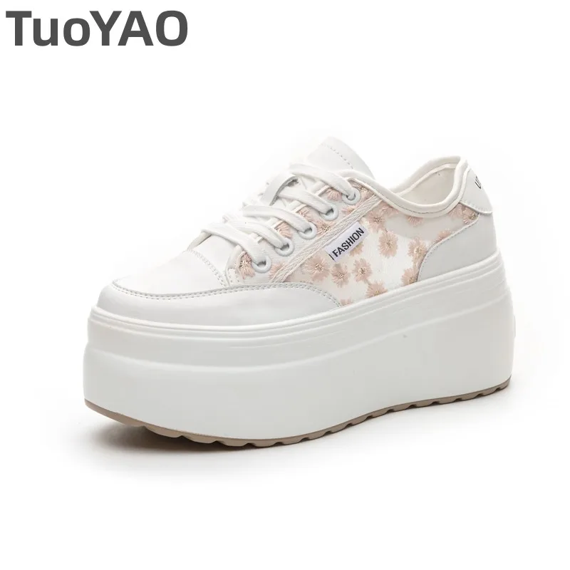 

8cm Synthetic Air Mesh Women Lace Chunky Sneaker Fashion Summer Spring Hollow Platform Wedge Flats Comfort Shoes Leather Genuine