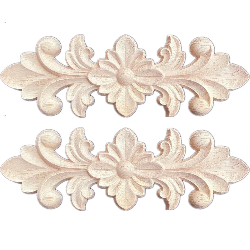 2PCS 15cm Carving Natural Wood Appliques for Furniture Cabinet Unpainted Wooden Mouldings Decal Vintage Home Decor Decorative