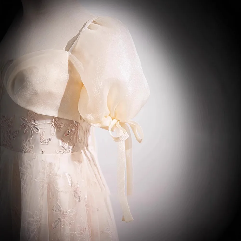 الشمبانيا الأزهار فساتين السهرة الكرة ثوب أنيق صورة حقيقية نفخة الأكمام يزين الدانتيل متابعة فستان رسمي بسيط كوريا فستان الزفاف