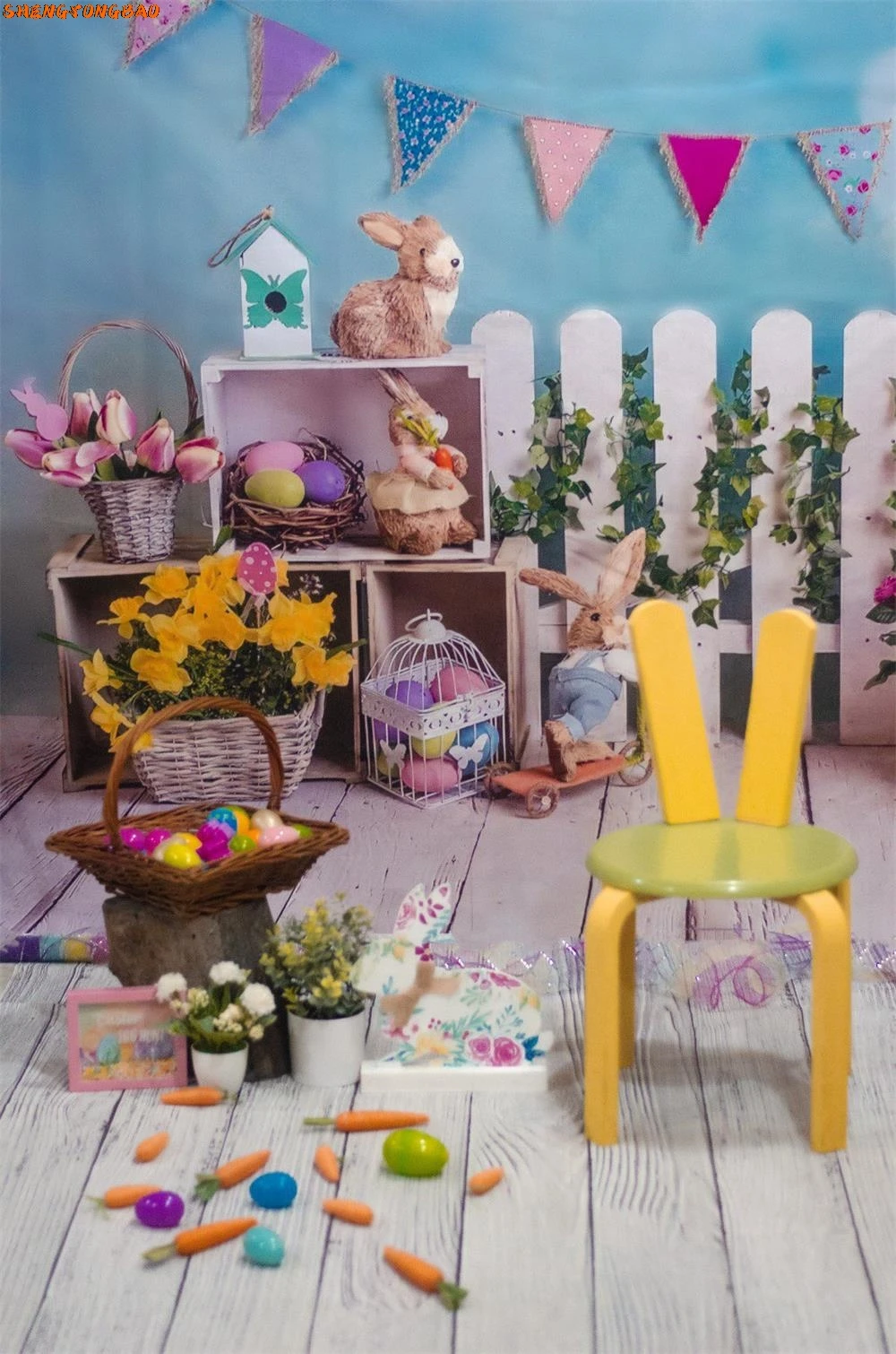 Happy Easter Backdrops for Photography Wooden Door Bunny Colorful Eggs Spring Flower Green Grass Kids Portrait Photo Background