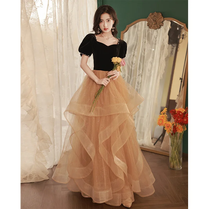 

Elegant Square Collar Velour Splicing Chiffon A-Line Evening Dress Back Bandage Women Formal Gowns Robe De Soiree Cheongsam