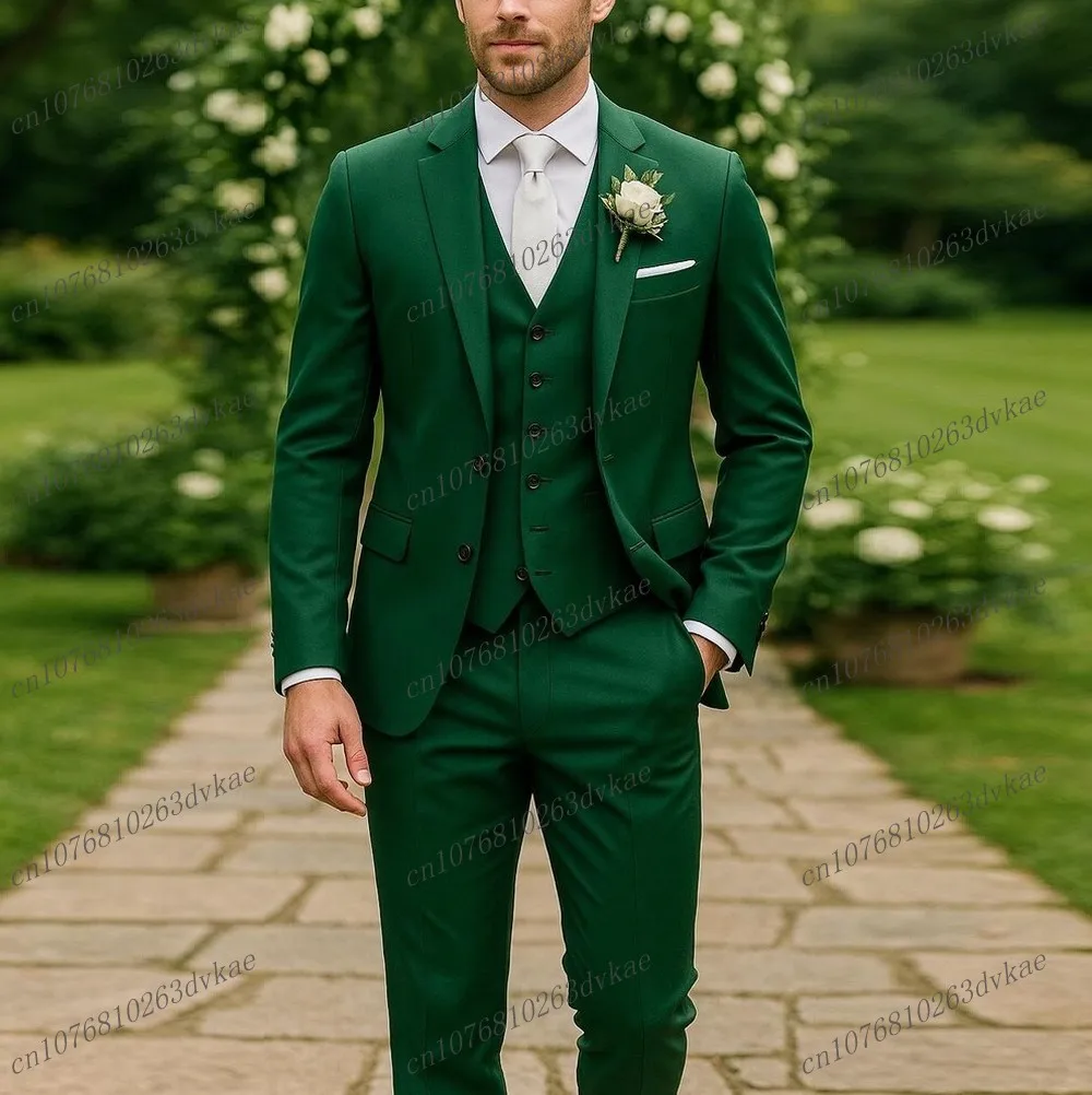 

New Green Men Suit Wedding Party Formal Groom Groomsman Prom Business Male Tuxedos 3 Piece Set Jacket Vest Pants