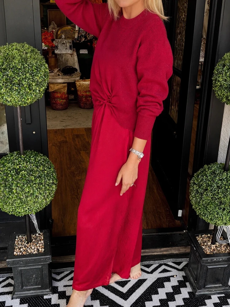 Abiti larghi drappeggiati alla moda Elegante gonna lunga senza maniche con scollo a O e maglioni Set top Abiti casual a maniche lunghe da donna Solid 2 pezzi