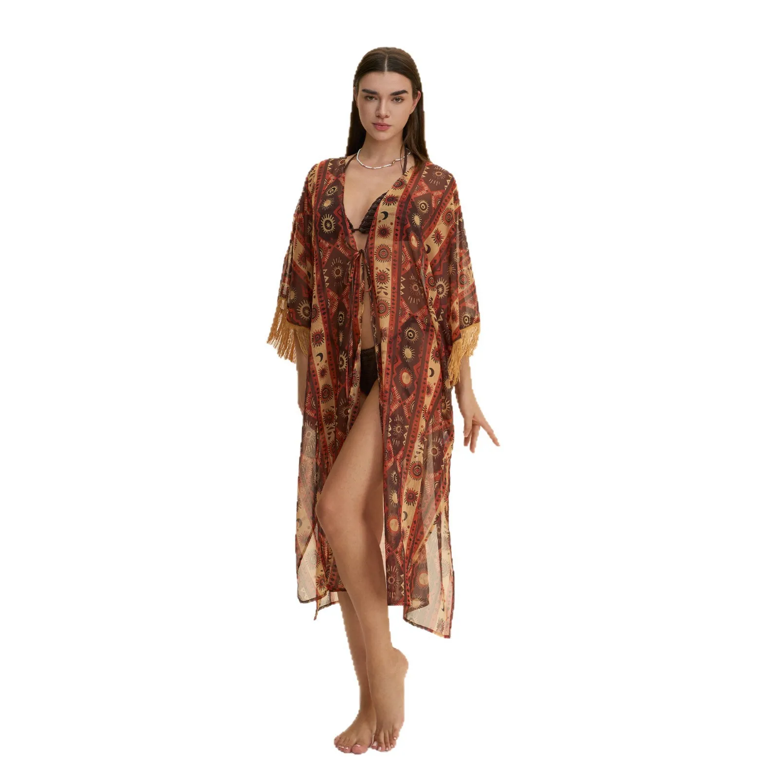 Bohemian Chiffon Long Robe Nightgown Sexy Perspective Lingerie Bathrobe Kimono Gown Beach Bikini Cover Robe Cardigan Lounge Wear