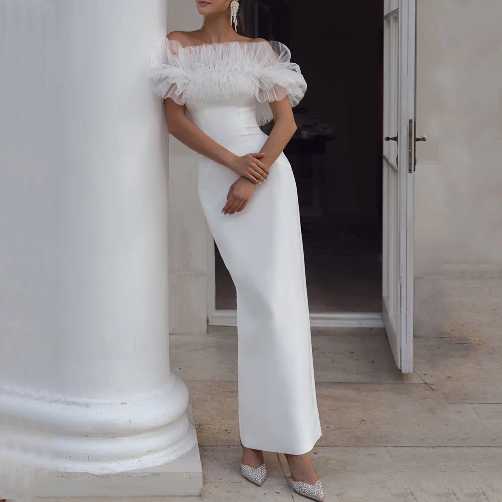 Elegant Ankle Length Wedding Dress Tulle and Satin Off the Shoulder Bridal Sheath Sexy Open Back Customized Gowns for Register
