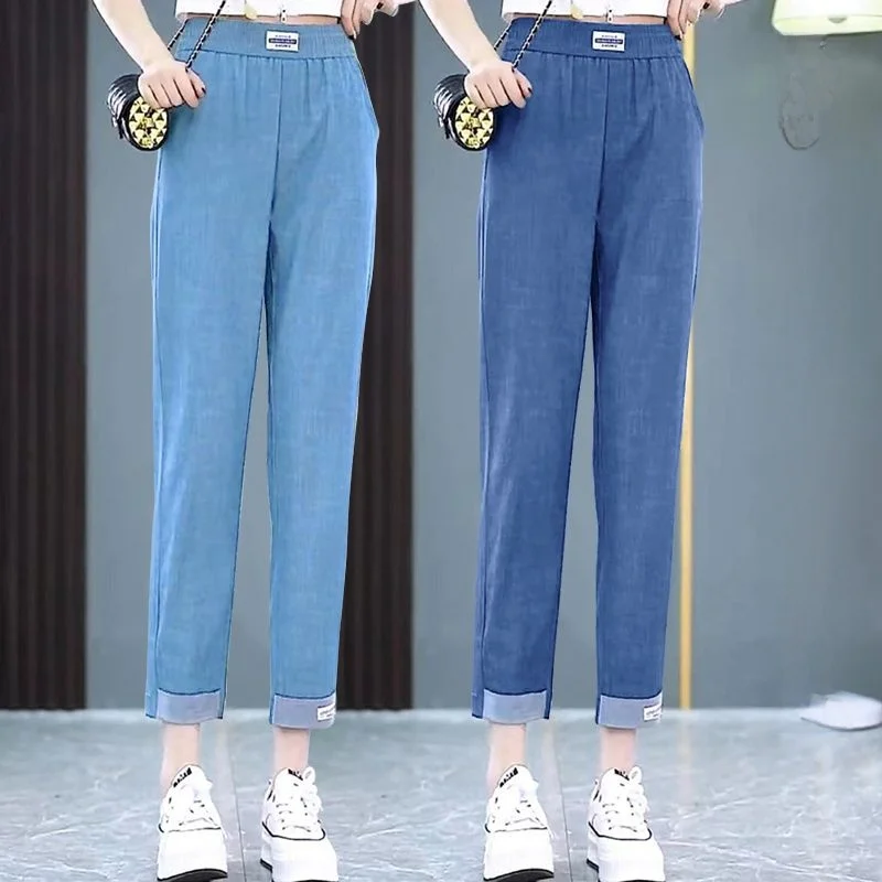 Pantalon d'été en Denim de soie glacée fine, taille haute, élastique, décontracté, Harlan, neuf Points, amincissant, polyvalent pour maman