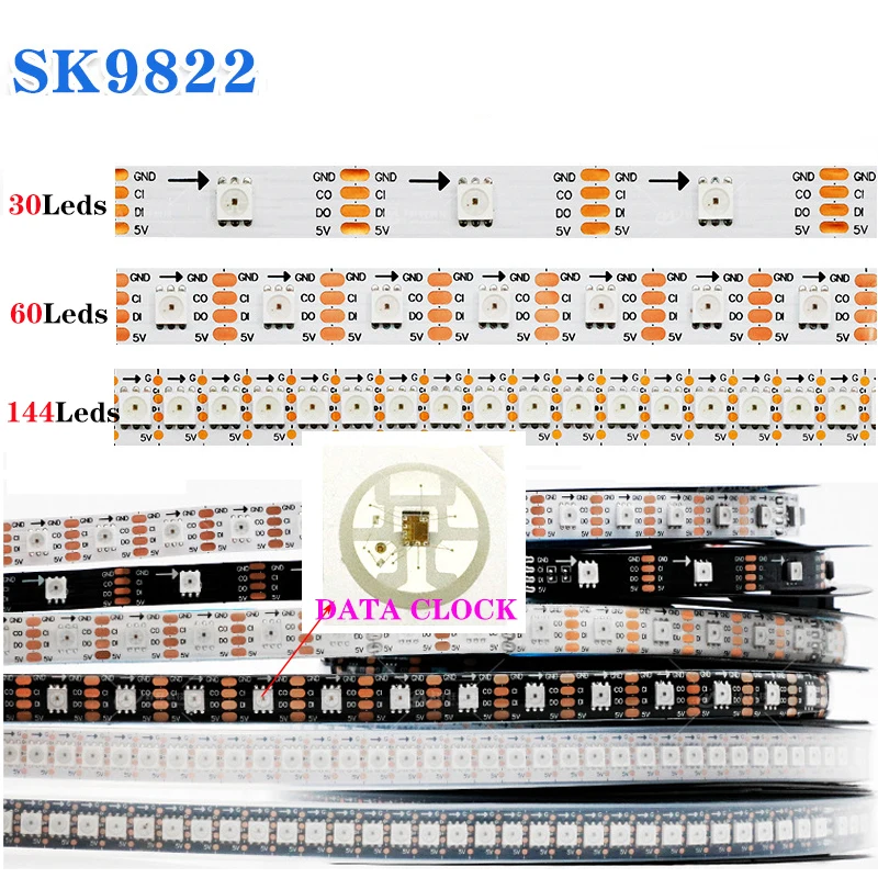 SK9822 SMD 5050 RGB pixels LED Strip 30/60/144 leds/m DATA and CLOCK seperately Flexible Neon Light Tape DC5V