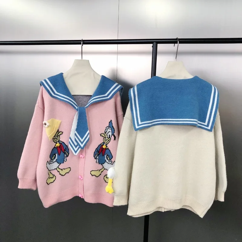 New Japanese College Style Age-Reducing Tie Color-Block Cartoon Jacquard Loose Pullover Sweater Ladies Y2k Long-sleeves Knitwear