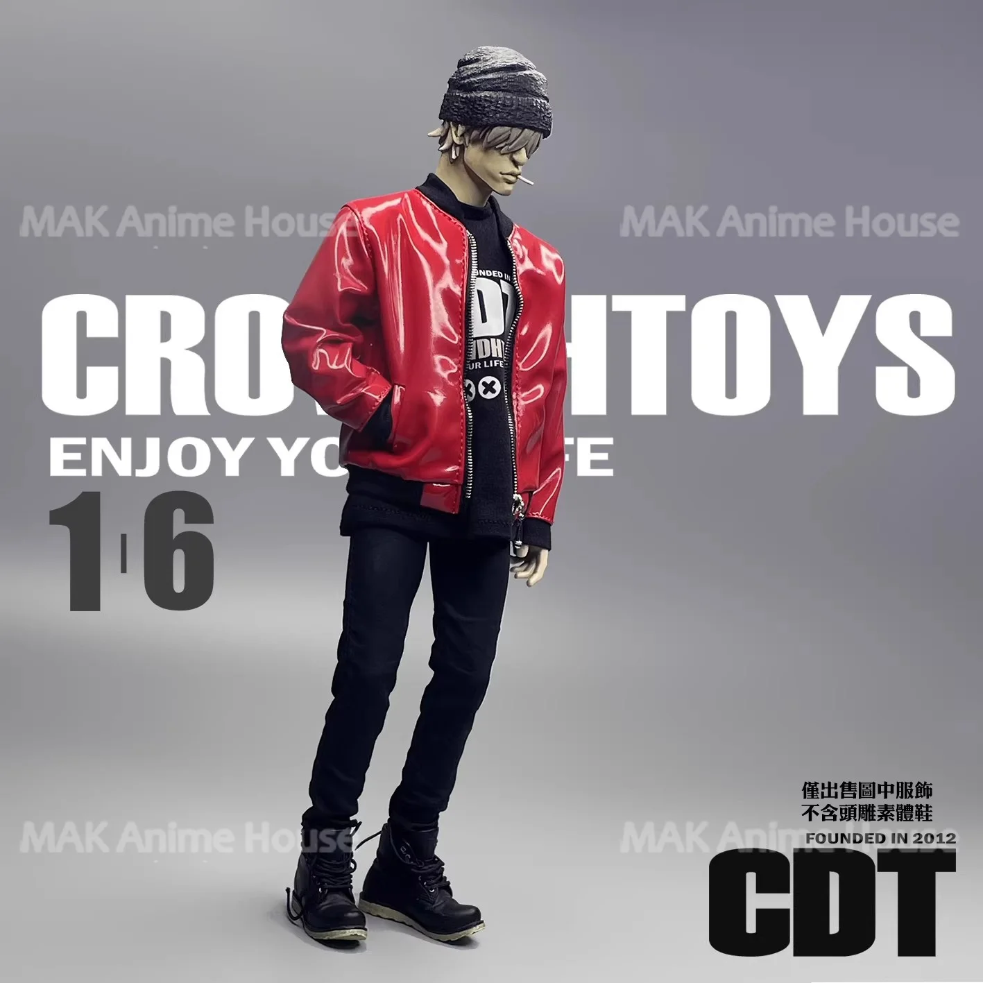 

CROWDHTOYS 1/6 Scale Trendy Red Leather Jacket Black Slim Pants Clothes Model Fit 12'' Male Soldier Action Figure Body