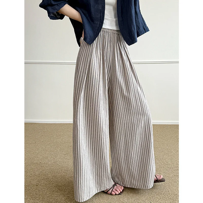 80% Cotton Women Summer Casual Stretch High Waist Long Pants Wide Leg Striped Pants Fashion Women Clothes Trousers