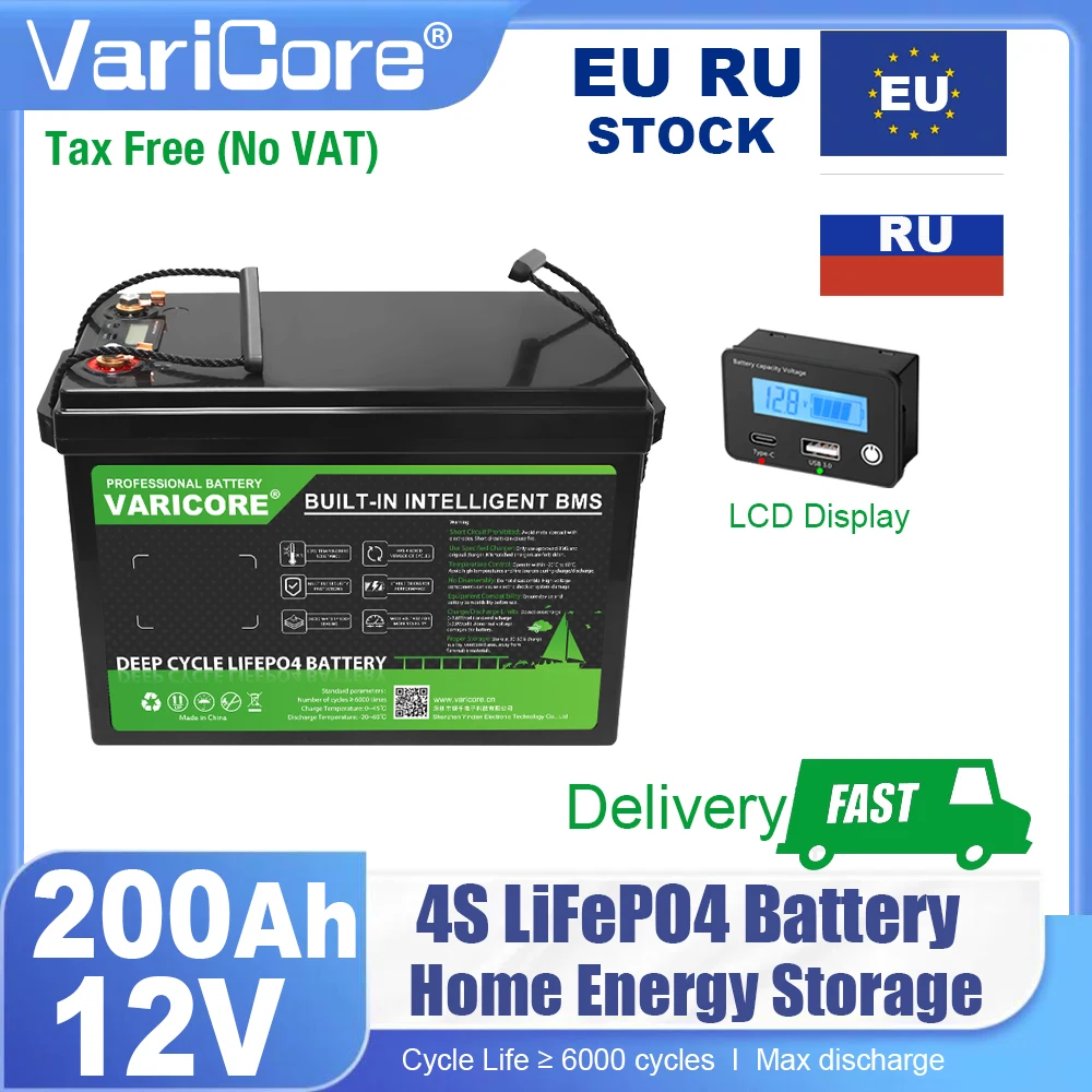 

Аккумулятор VariCore 12,8 В 200 Ач LiFePO4 с 4-струнным BMS 12 В для кемперов на колесах, гольф-кара, внедорожного солнечного ветра, зарядное устройство 14,6 В, 20 А