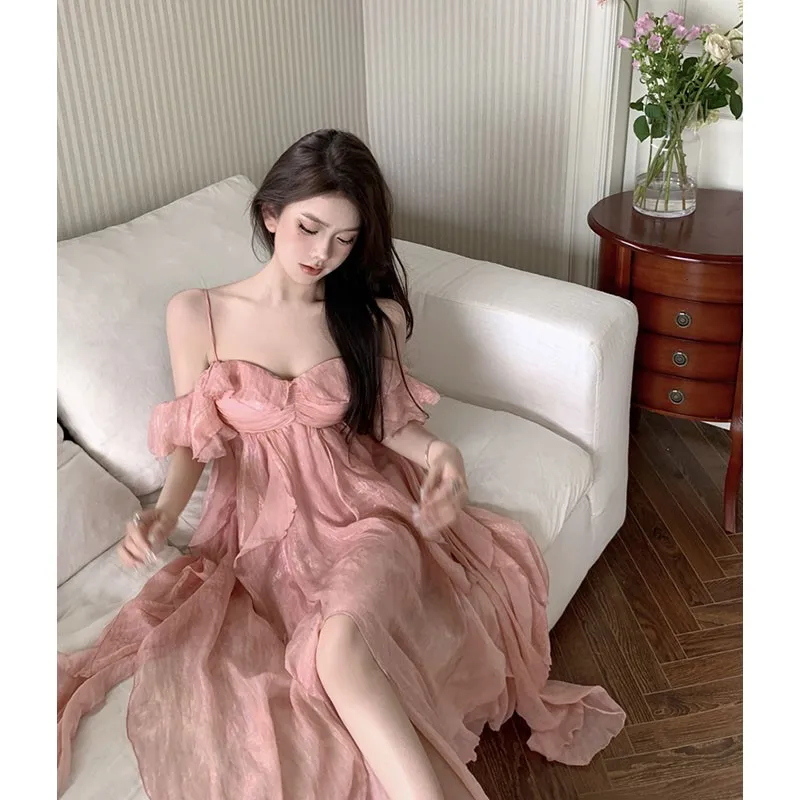 

Pink Mermaid Girl Strap Dress New off-Shoulder Ruffled Holiday Style for Women