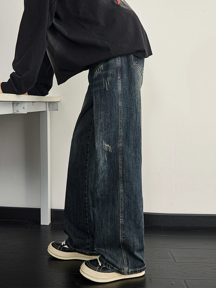 

Deep Blue Retro Men's Denim Jeans Spring Autumn Loose Straight Wide Leg High Street Fashionable Casual Wear Durable