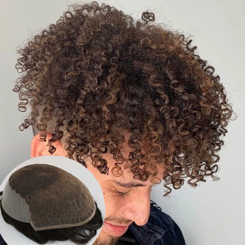15 mm Afro-Locken-Toupet für Herren, natürliches 100 % Echthaar, Q6, Schweizer Spitze, männliches Haar, gebleichte Knoten, Toupeten, Kapillarprothesensysteme