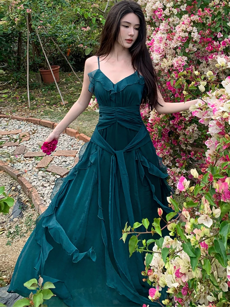 2025 グリーンパッチワーク ラッフルVネック セクシー スリング ロングドレス レディース エレガント ラグジュアリー ドレス サマー 韓国 ヴィンテージ フェスティバル パーティー ドレス