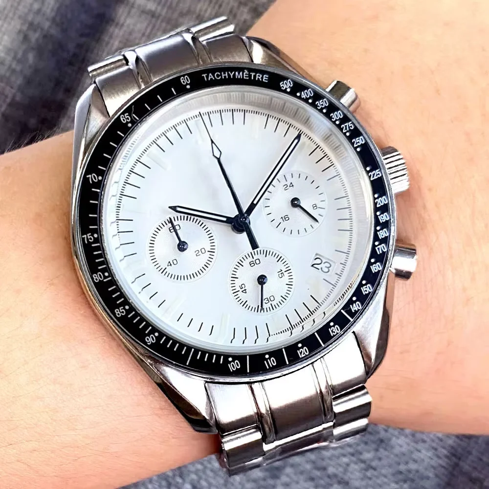 Sport Moon VK63 Chronograph Quartz Watch for Men Grey Dial 24 Hours Stainless Steel Wristwatch Calendar Date 40mm Clock