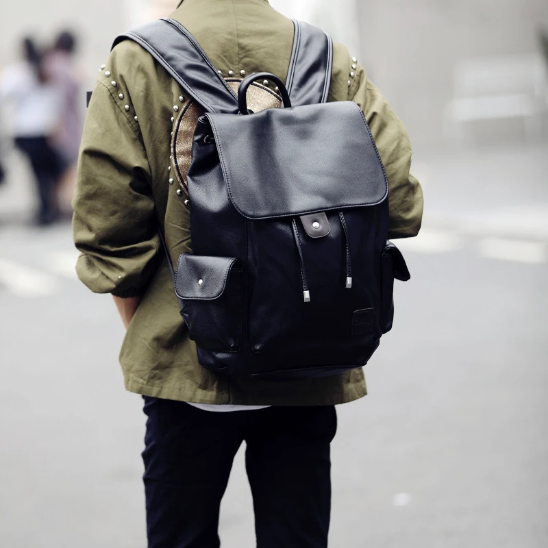 

Flap Drawstring Travel Backpack Men High Quality PU Leather Backpacks Men Fashion Design Backpack Schoolbag Backbag Softback