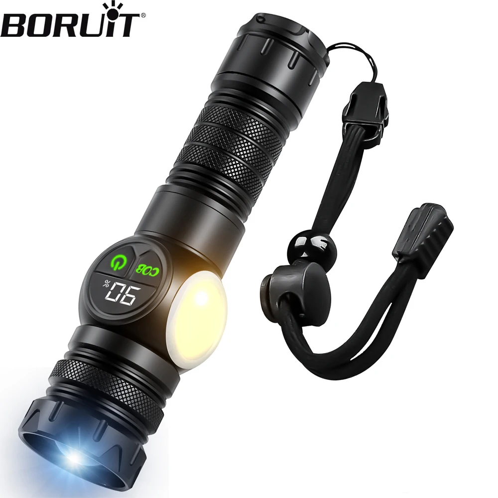 

BORUiT Super Bright LED Flashlight 800LM Zoom Torch Type-C Rechargeable Long Range Spotlight Digital Display & Tail Magnetic