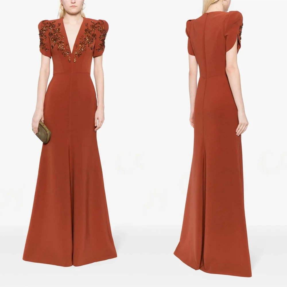 

Customized Classic Orange Jersey Evening Dress Modern V-Neck Short Sleeves Zipper Back Beading Crystal Special Occasion Gowns