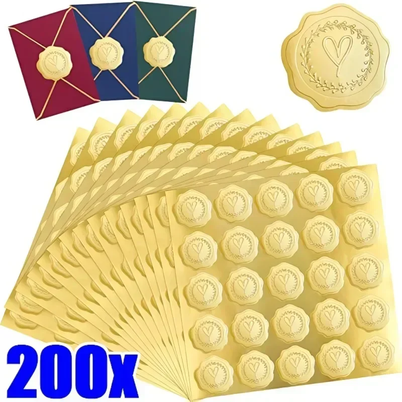 200/25Pcs Gold Envelope Sticker Embossed Heart Seal Wax Looking Labels Wedding Party Invitation Card Christmas Gift Decoration