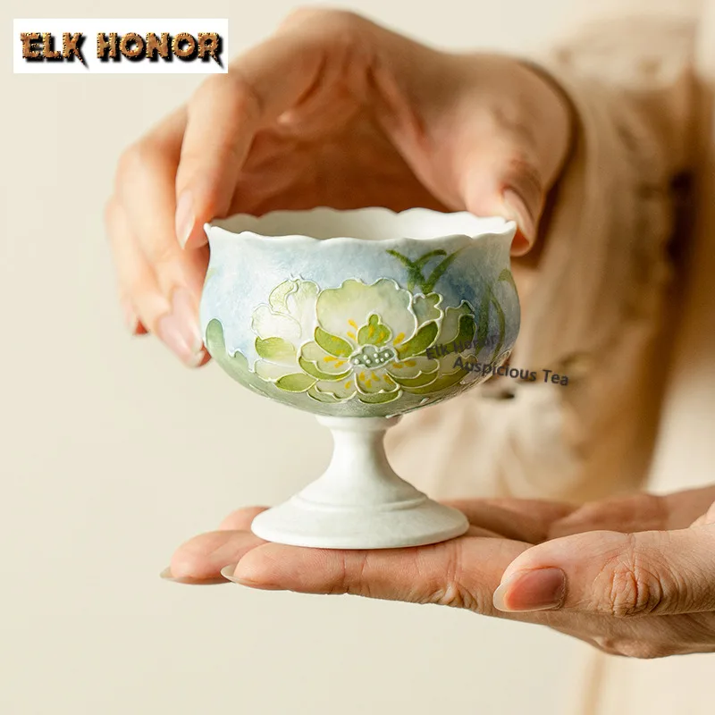 

100ml Lotus Lake High Foot Teacup Handmade Tea Bowl Beautiful Tea Cup Tea-tasting Personal Cup Chazhan Master Cups Teaset Craft