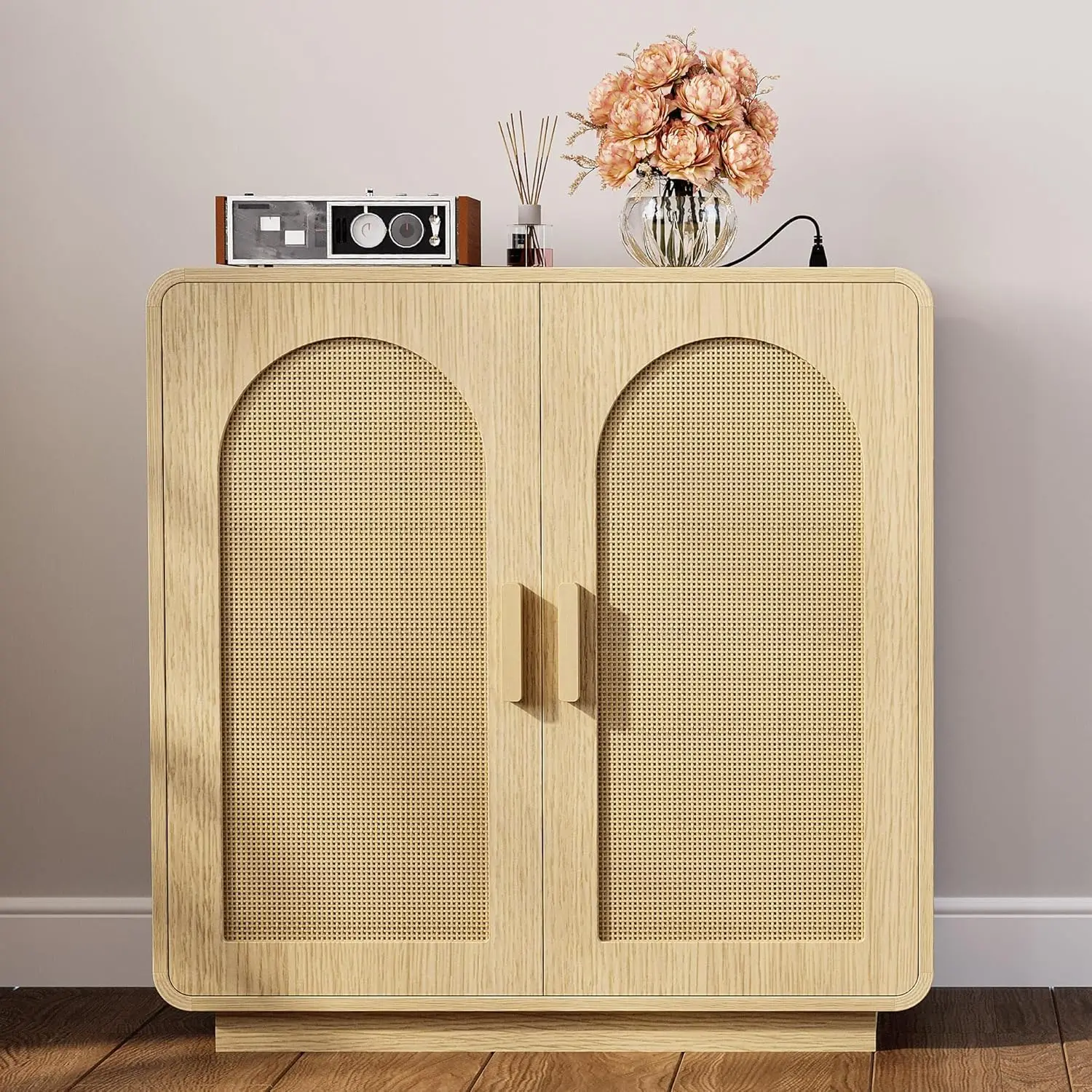 

Rattan Storage Cabinet with LED Lights & Power Outlet, Curved Design Sideboard Buffet with 2 Doors and Adjustable, Customized