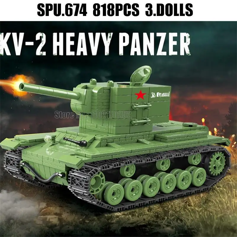 100239 818pcs Military Soviet Kv2 Heavy Panzer Tank Ww2 3 Soldiers Tank Army Weapon Boy Building Blocks Toy