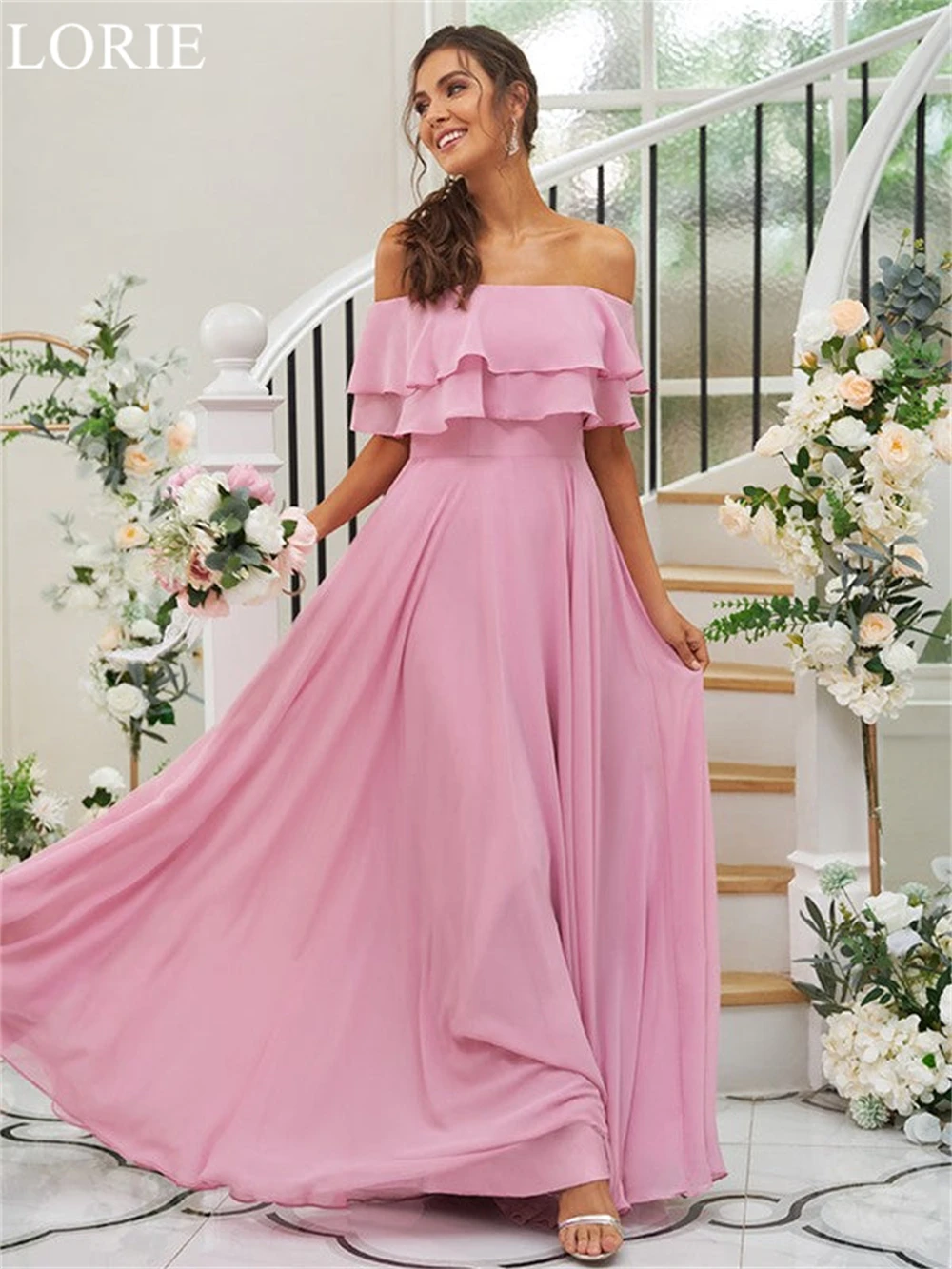 Lorie elegante rosa chiffon vestidos de dama de honra fora do ombro babados plissado 2024 simples festa de casamento vestido de baile personalizado