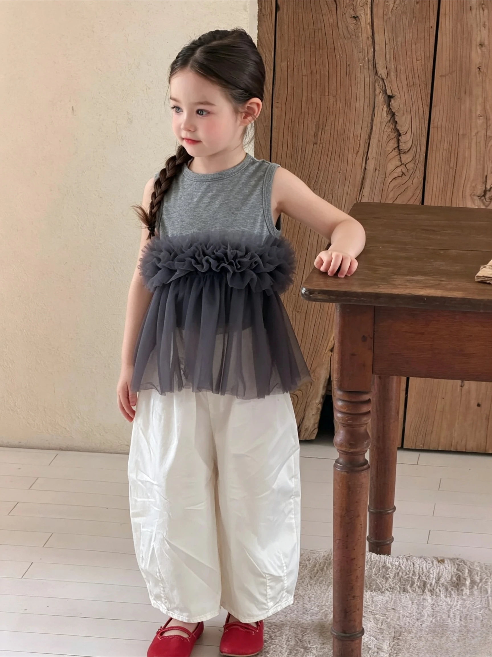 2026 Clothing Summer New Korean Girls Mesh Patch Knit Vest Top Kids Stylish Soft Mesh Vest Fashionable Stylish Designable