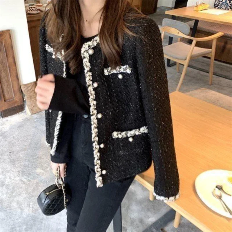 French Tweed Women\'s Jacket  Autumn Korean Woolen Short Outerwear Elegant Black Plaid Coat Pockets Office Short Woman Clothing