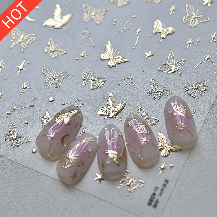 Gold Nail Stickers 3D Butterfly Moon Star Self-Adhesive Nail Art Decals Trendy Manicure Decor for Phone Stationery DIY