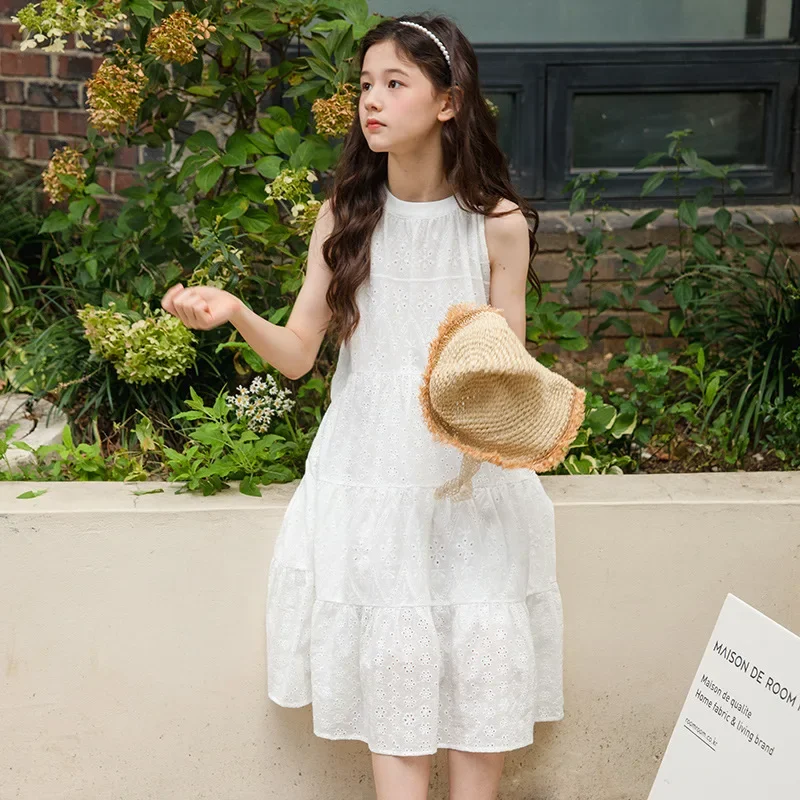 

Girls Slip Dress Summer Sleeveless Hollow Cotton Dress 2024 New Beach Holiday White Princess Dresses for Kids 12 13 14 Years