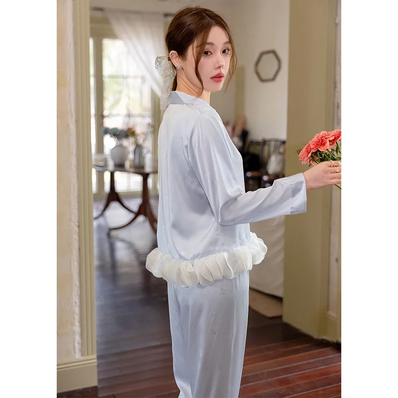 Women's Snow Silk Pajamas Long Sleeve Women's Home Clothes Solid Color Comfortable Breathable Summer Thin Material
