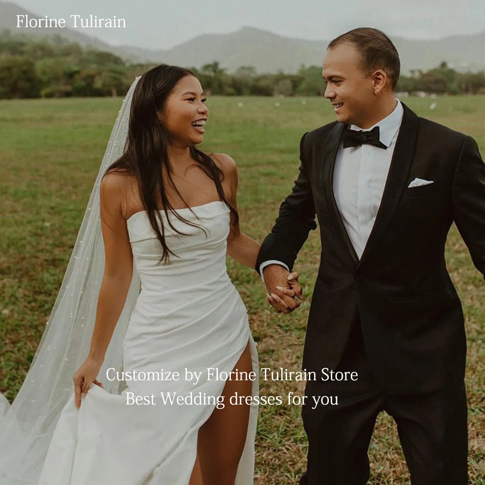 Vestido de casamento de trem de varredura de comprimento com decote de barco sexy sem mangas elegante linha a alta divisão andar comprimento vestido de noiva para a noiva