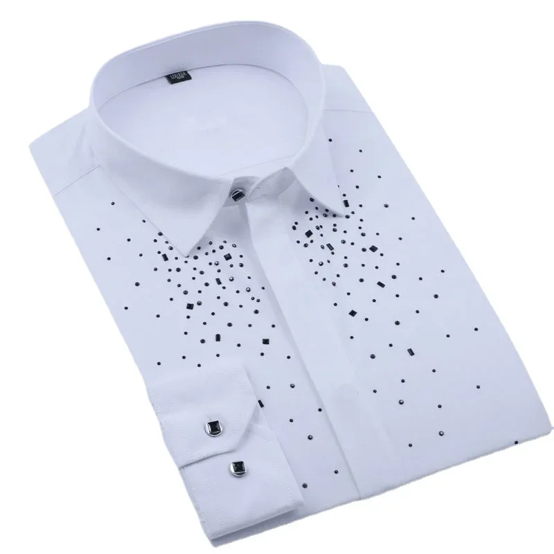 Camisas de manga larga con incrustaciones de diamantes para hombres, vestidos blancos, camisas de banquete de novio y boda