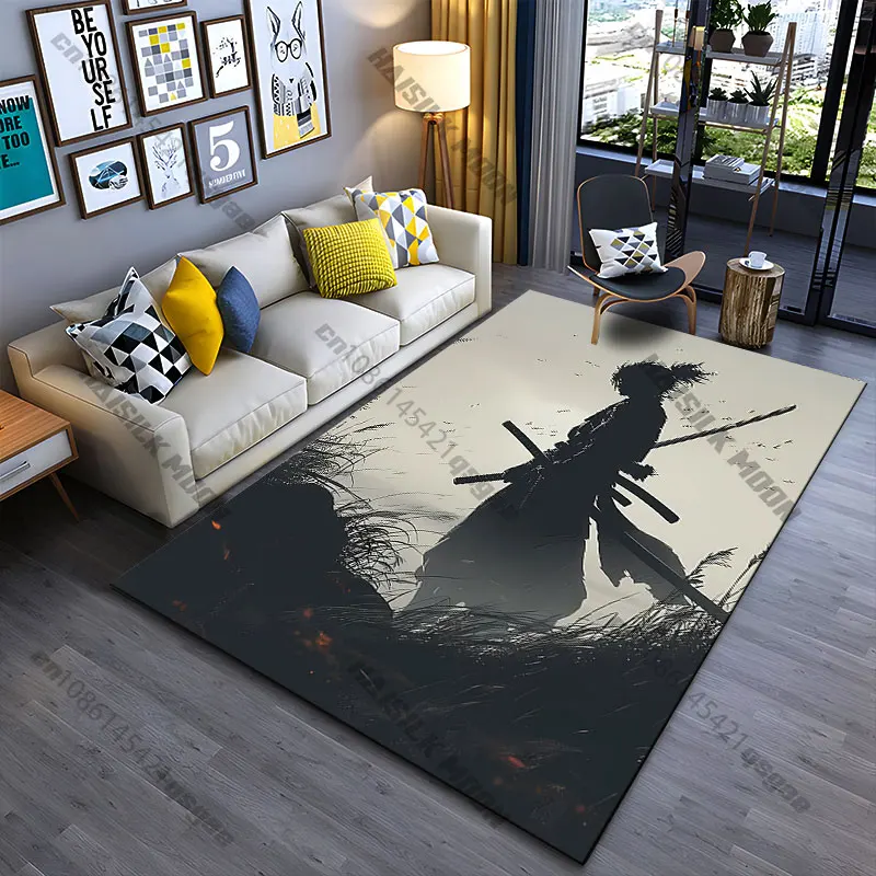 Solitary samurai in contemplative stance carpet Yoga living room room decor children's crawling mat doormat area rug