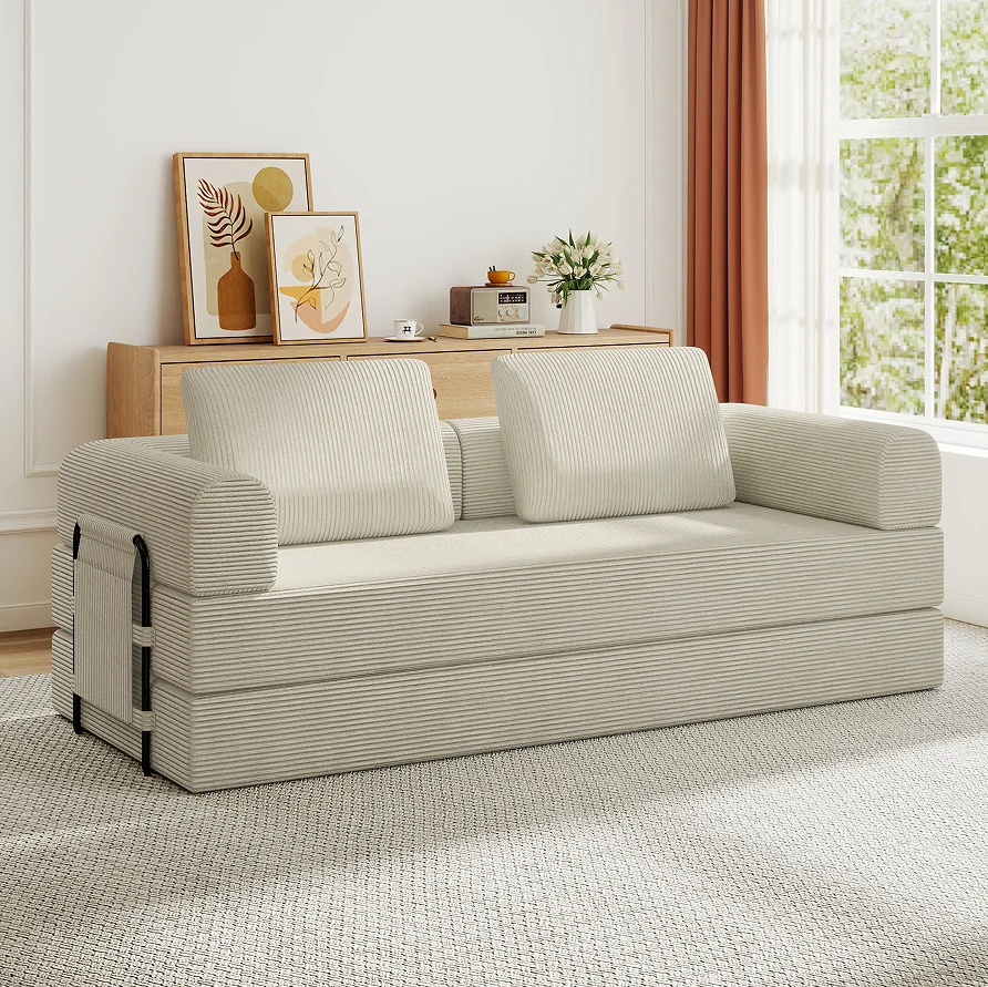 Convertible Sleeper Sofa Bed with Cylindrical Pillow - Corduroy Folding Mattress Couch with Fixed-Shape Frame for Living Room