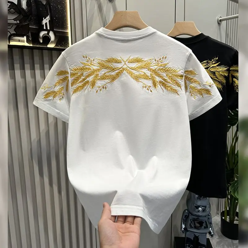 

Foufurieux Fashion Short Sleeved T-shirt Round Neck Wheat Ear Embroidery China-Chic Loose Large Handsome Tee Male Clothing