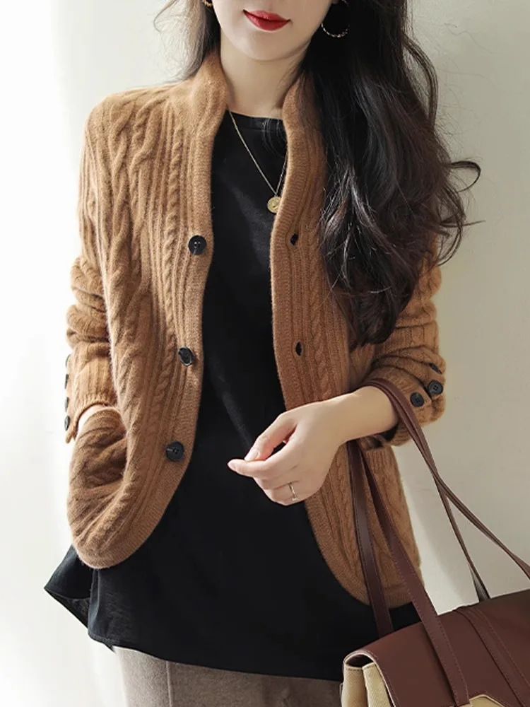 Thick Thread Fried Dough Twists Cardigan For Women In Autumn And Winter, Small Crowd Design, Short Slim Wool Coat