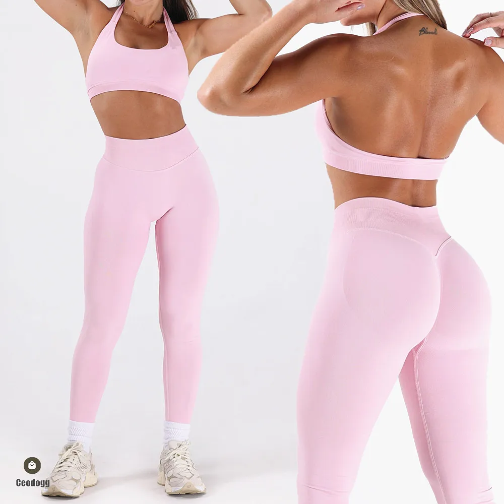 

2PCS Seamless Gym Women Yoga Set Clothing Sportswear Leggings Halter Sports Bra Workout Outfit Pant Active Wear Suit XP389